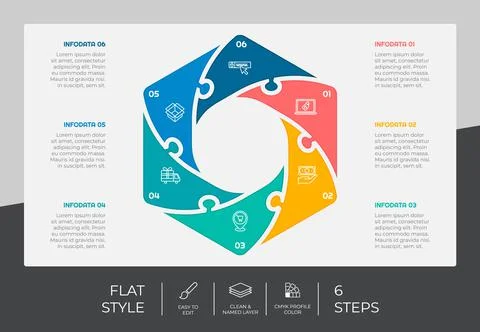 6 steps of hexagon infographic vector design with flat concept for marketing. 스톡 일러스트