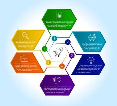 6 steps infographic design template with text and icon. Business concept with Illustrazione stock