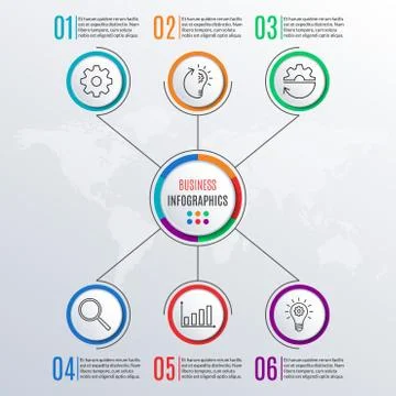6 steps infographics with circle elements. 6 options, levels, parts or processes Stockillustratie