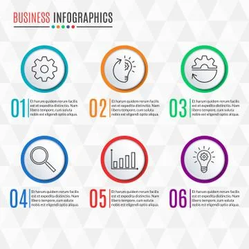 6 steps infographics template. Round buttons with icons. 6 options or levels Stock Illustration
