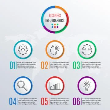 6 steps infographics template. Round buttons with icons. 6 options or levels Stock Illustration