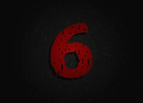6 vector red number made of grunge texture. Insane Fear brutal font. Wicked n Illustrazione stock