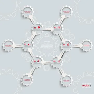 6 white gears 6 arrows cycle hexagon molecule Stock Illustration