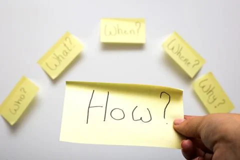 The 6 Ws who, what, when, where, why, how question on six sticky notes on Stock Photos
