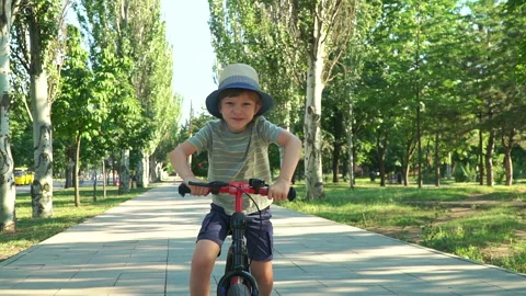 6 years old boy riding a runbike in a park Video stock 134981648