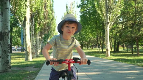 6 years old boy riding a runbike in a park Video stock 134981946