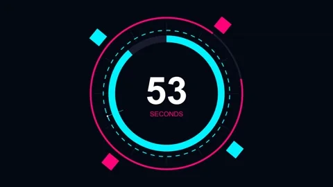 60 to 0 seconds neon digital countdown timer with circular HUD interface Stock Footage 345569918