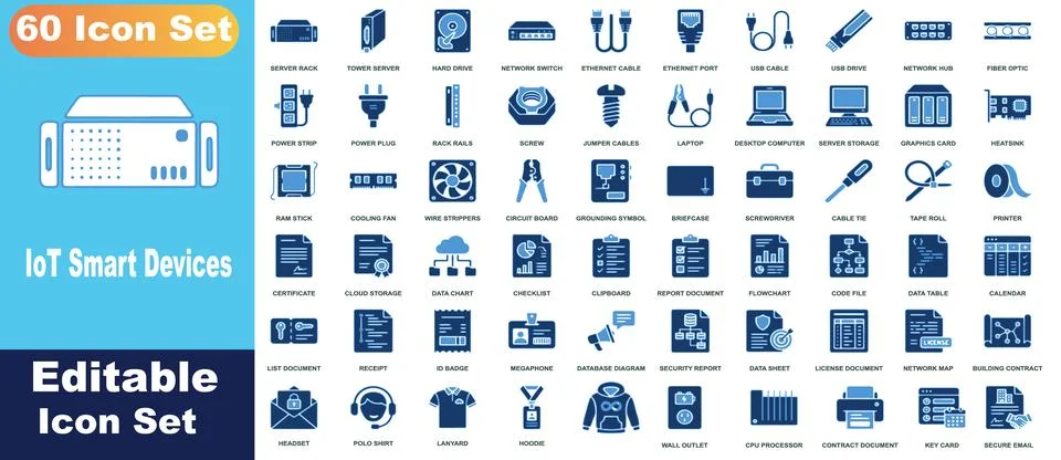 60 blue gradient icon set featuring server hardware, networking components,.. Stock Illustration
