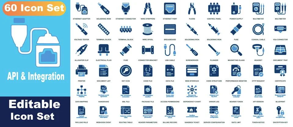 60 blue gradient icon set featuring api integration symbols, electronic com.. Stock Illustration