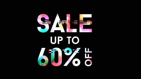 60% discount on a black background, glitch effect, bright multicolored paints. Stock Footage 145146123