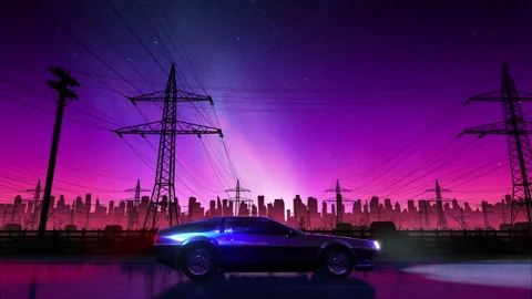 60 fps 80s retro drive seamless loop. Stylized rural landscape. Outrun VJ style Stock Footage 157949628
