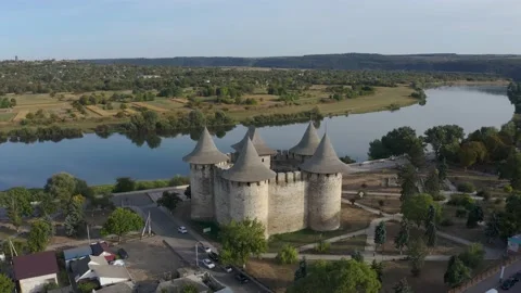 60 fps aerial orbiting around medieval fort in Soroca, Republic of Moldova. Stock Footage 140312299