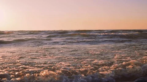 60 Fps Slow Motion, Sunset With Waves, Dusk Or Dawn Stock Footage 120356361