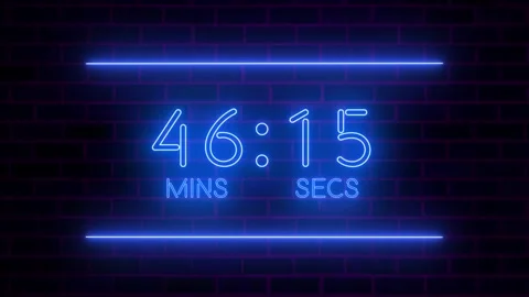 60 Minute Neon Countdown Timer Animation on Brick Wall Background Stock Footage 330789166