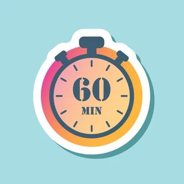 60 minutes on stopwatch sticker icon in flat style. Clock face timer vector.. 스톡 일러스트
