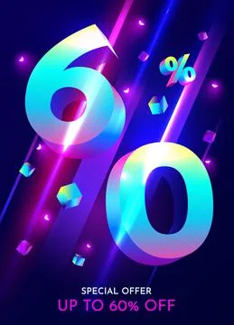 60 percent Off. Discount creative composition. Mega sale neon banner. Stock Illustration