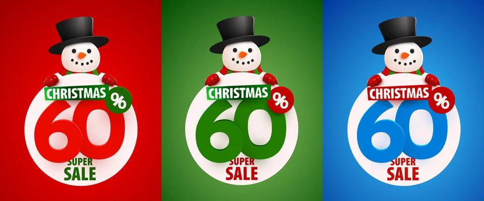 60 percent Off. Discount creative composition with snowman in hat. Merry Stock Illustration