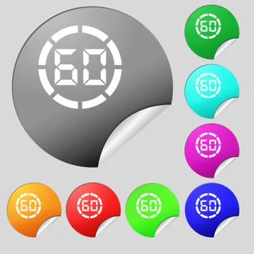 60 second stopwatch icon sign. Set of eight multi colored round buttons, stic Stock Illustration