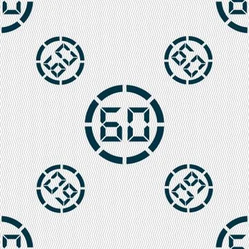 60 second stopwatch icon sign. Seamless pattern with geometric texture. Vecto Stock Illustration