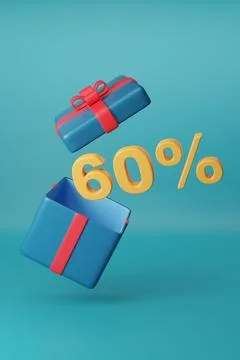 60 % solid text coming out of a gift box on blue background. 3d illustration. Stock Illustration