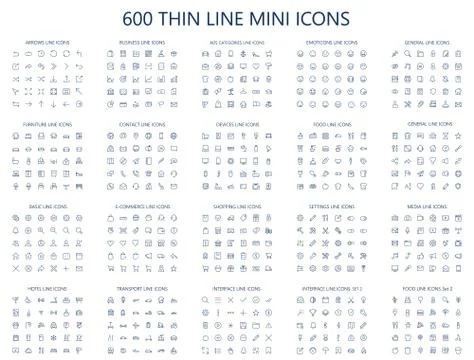 600 vector thin line mini icons set. 24x24px pixel perfect. Editable stroke. Stock Illustration