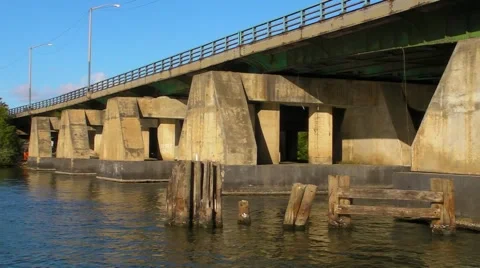 60p Passing under  river bridge - Dredge Crane Platform Rig.MP4 Stock Footage 4558751