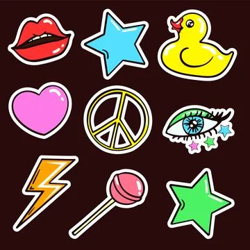 60s, 70s, 80s style object or sticker item set. Cartoon retro vibes clip art Stock Illustration