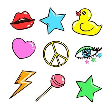 60s, 70s, 80s style object or sticker item set. Cartoon colorful funny retro Stock Illustration