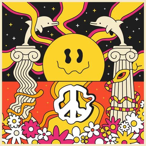 60s style psychedelic art.Vector doodle hand drawn line graphic illustration Stock Illustration