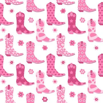 60s vintage seamless pattern with Pink Cowgirl boots and flowers. Traditional Stock Illustration