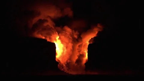 61g Lava Flow Entering The Ocean At Hawaiʻi Volcanoes National Park Stock Footage 74036672