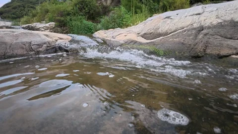 62 Low angle view of clear mountain stream flowing over rocky bed Stock Footage 345459674