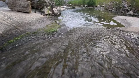 63 Low angle view of clear mountain stream flowing over rocky bed Stock Footage 345459717