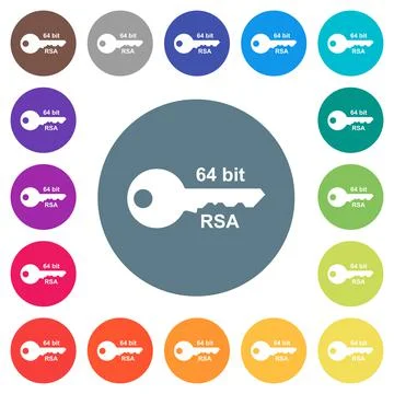64 bit rsa encryption flat white icons on round color backgrounds Stock Illustration