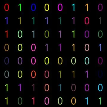 64 numbers zero and one of the binary system with random colors on a black .. Stock-Illustration