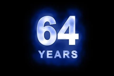 64 years in glowing white numbers on blue Stock Illustration