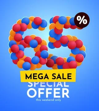65 percent Off. Discount creative composition. Mega Sale. Ilustración de archivo