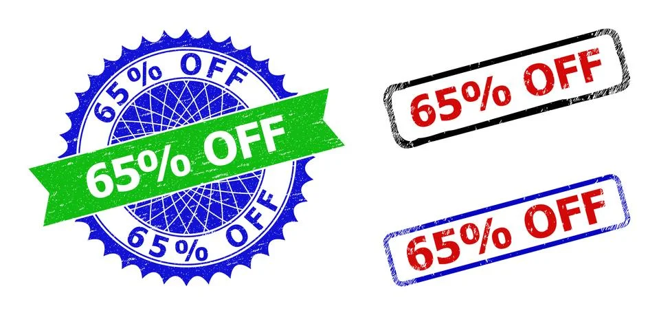 65 Percents OFF Rosette and Rectangle Bicolor Seals with Corroded Textures Stock Illustration