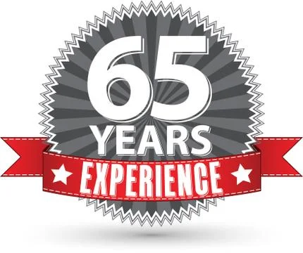 65 years experience retro label with red ribbon, vector illustration Stock Illustration