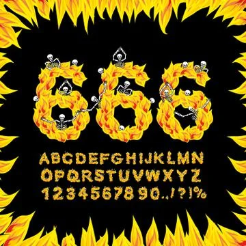 666 font. Hell ABC. Fire letters. Sinners in fiery Gehenna. Infernal Alphabet Stock Illustration