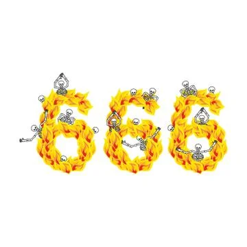 666 number of devil. Fire numeric. Skeletons in inferno. Sinners in hell. Sat Stock Illustration