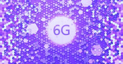 6G 3d rendering wireless network and big data concept on hexagon glowing violet Stock Illustration