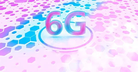 6G 3d rendering wireless network and big data concept on blue. violet and pink Stock Illustration