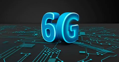 6G 3d rendering wireless network and big data concept on blue glowing circuit Stock Illustration