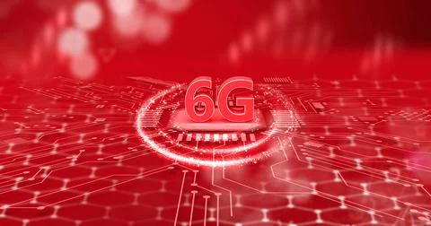6G 3d rendering wireless network and big data concept on red hexagon background Stock Illustration