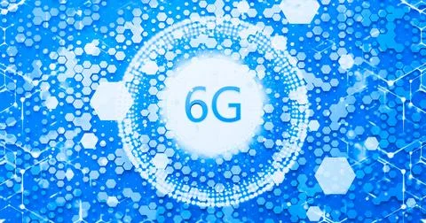 6G 3d rendering wireless network and big data concept on hexagon glowing blue Stock Illustration