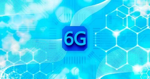 6G 3d rendering wireless network and big data concept on hexagon glowing blue Stock Illustration