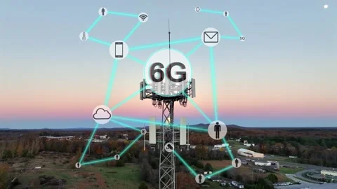 6g animation over cell tower at sunset. Aerial orbit. Network, IoT, mobile Stock Footage 312915369