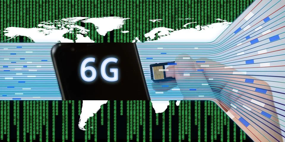6G concept applying world map and smartphone SIM card Stock Photos