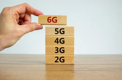 6G network evolution symbol. Hand holding a wooden block with 6g symbol. 2G,  스톡 사진